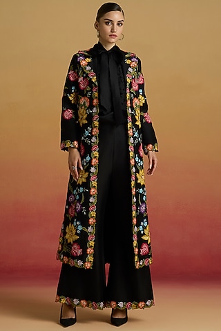 Black Chanderi Floral Thread Work Bell Bottom Pants by Chandrima