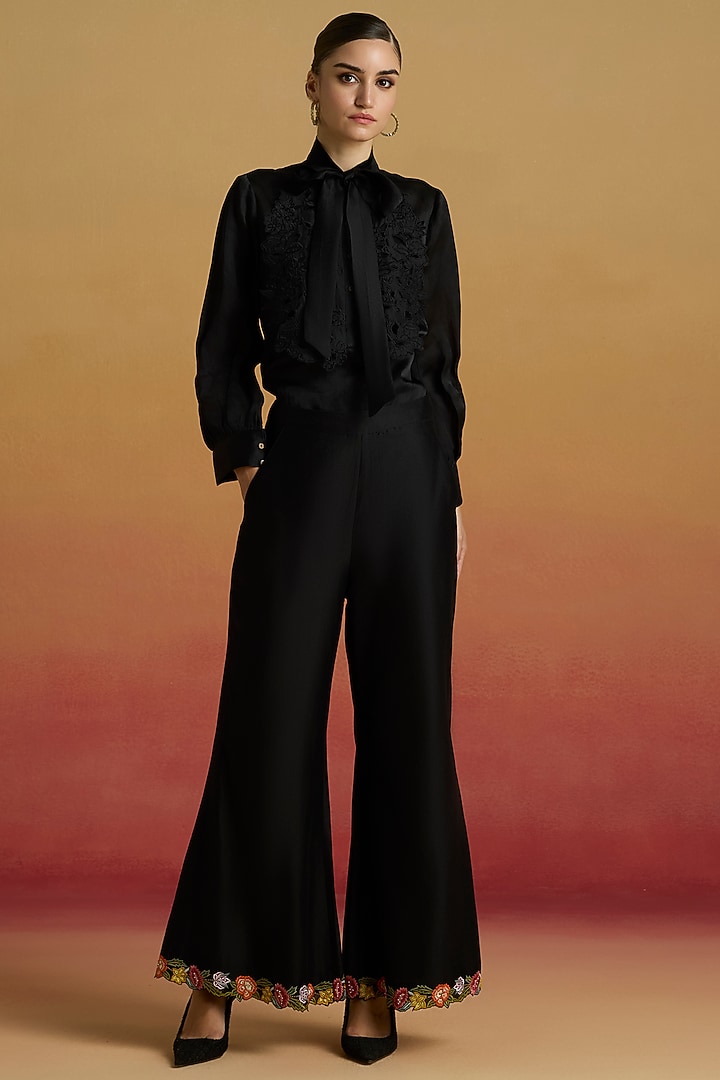 Black Chanderi Floral Thread Work Bell Bottom Pants by Chandrima at Pernia's Pop Up Shop