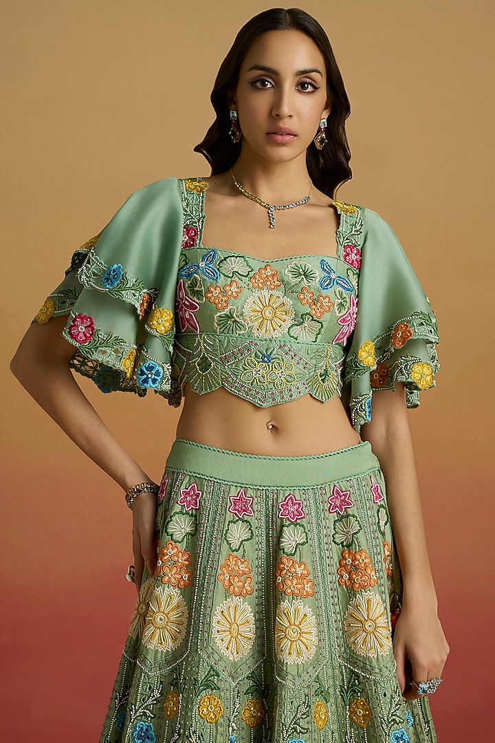 Sage Green Chanderi Thread Work Bustier by Chandrima at Pernia's Pop Up Shop