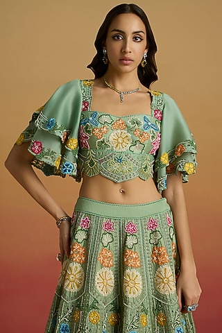 Sage Green Chanderi Thread Work Bustier by Chandrima