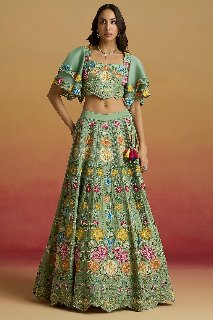 Sage Green Chanderi Thread Work Bridal Lehenga by Chandrima at Pernia's Pop Up Shop