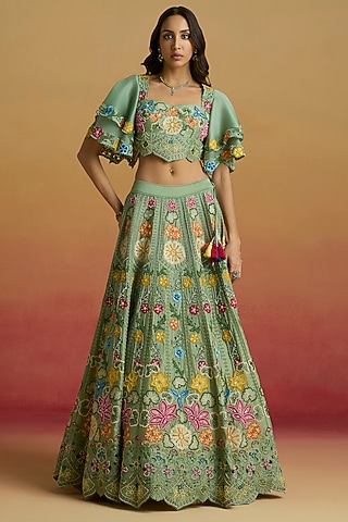 Sage Green Chanderi Thread Work Lehenga by Chandrima