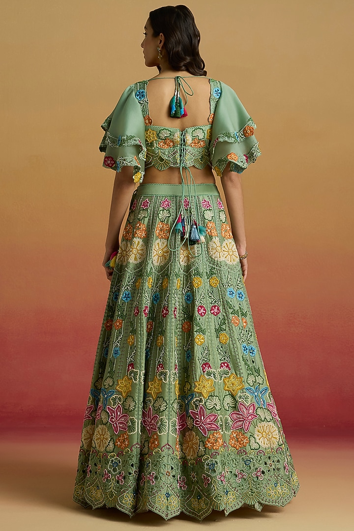 Sage Green Chanderi Thread Work Bridal Lehenga by Chandrima at Pernia's Pop Up Shop