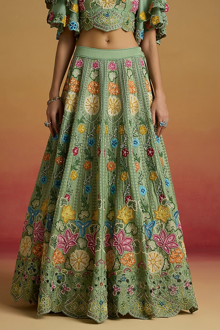 Sage Green Chanderi Thread Work Bridal Lehenga by Chandrima at Pernia's Pop Up Shop