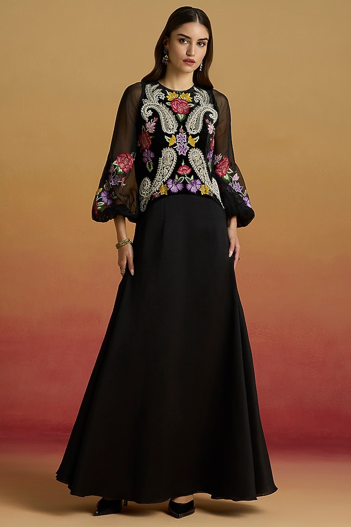 Black Silk Velvet & Chanderi Thread Work Flounce Cocktail Dress by Chandrima at Pernia's Pop Up Shop