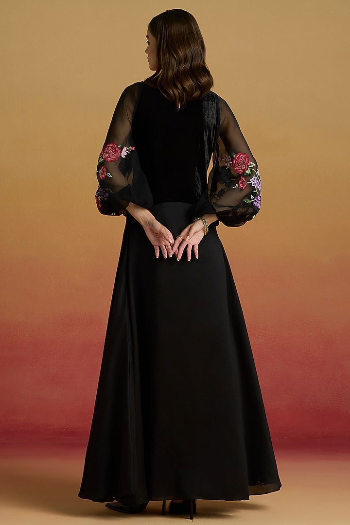 Black Silk Velvet & Chanderi Thread Work Flounce Cocktail Dress by Chandrima at Pernia's Pop Up Shop