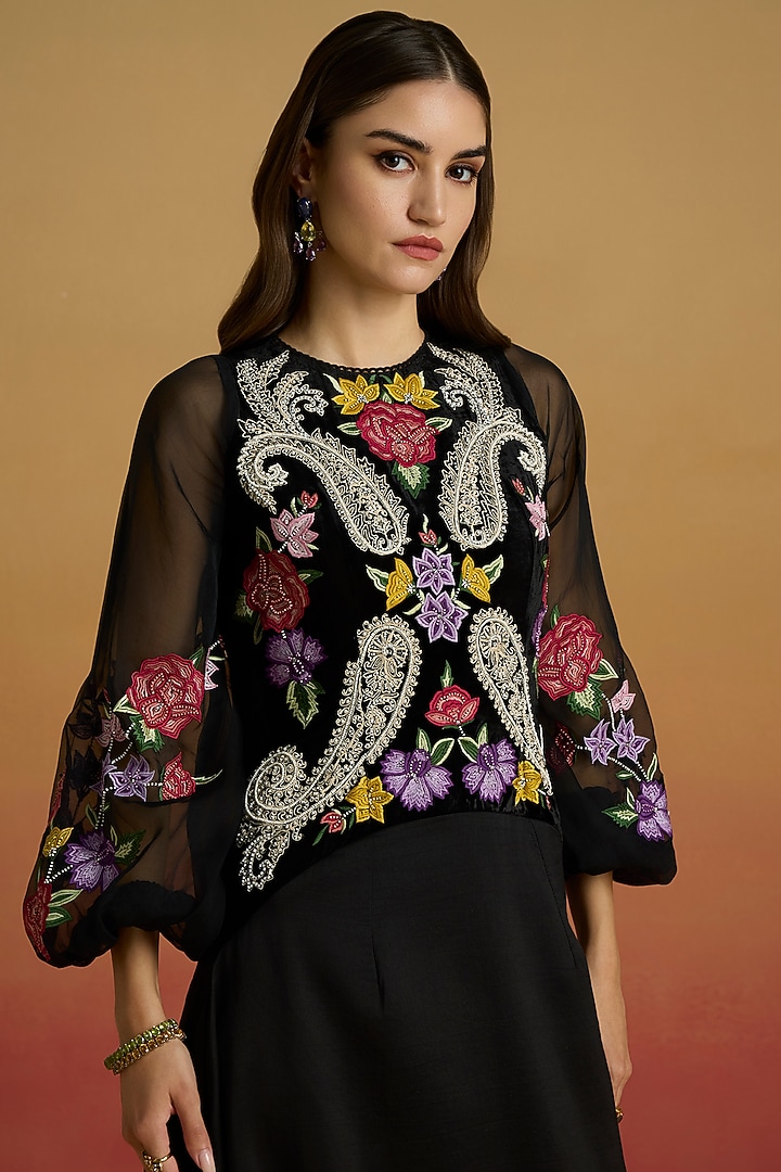 Black Silk Velvet & Chanderi Thread Work Flounce Cocktail Dress by Chandrima at Pernia's Pop Up Shop