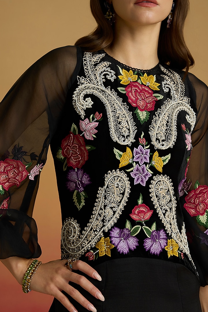 Black Silk Velvet & Chanderi Thread Work Flounce Cocktail Dress by Chandrima at Pernia's Pop Up Shop