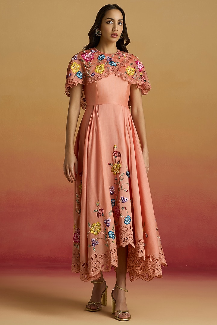 Apricot Chanderi Floral Thread Work Cape Party Wear Dress by Chandrima at Pernia's Pop Up Shop