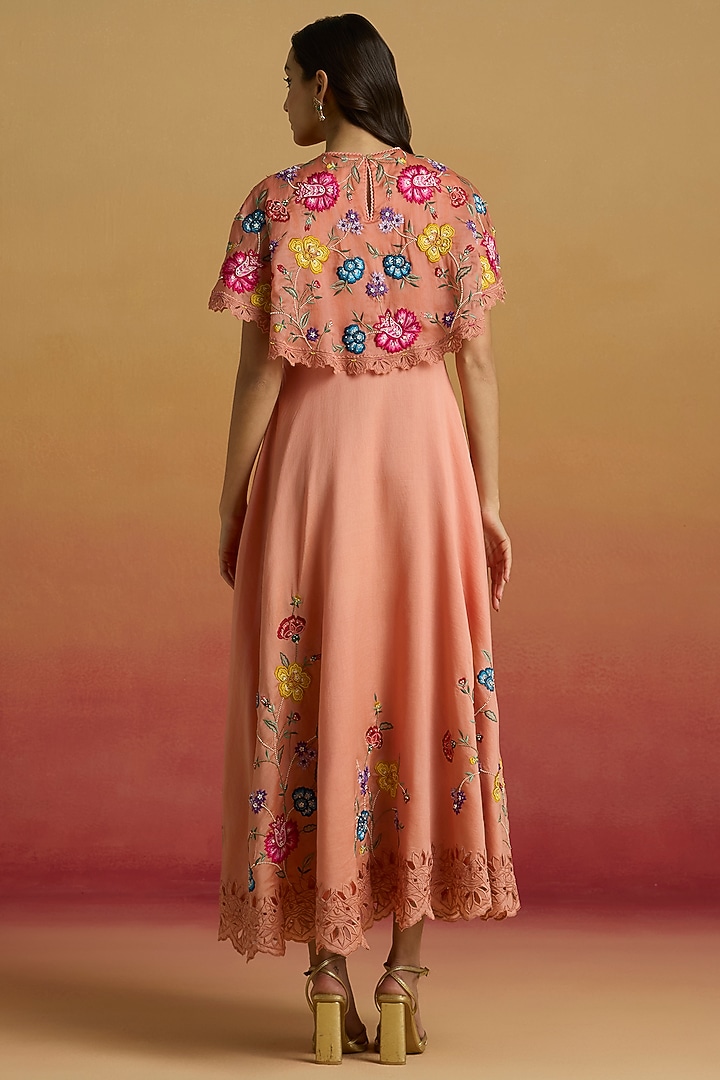 Apricot Chanderi Floral Thread Work Cape Party Wear Dress by Chandrima at Pernia's Pop Up Shop