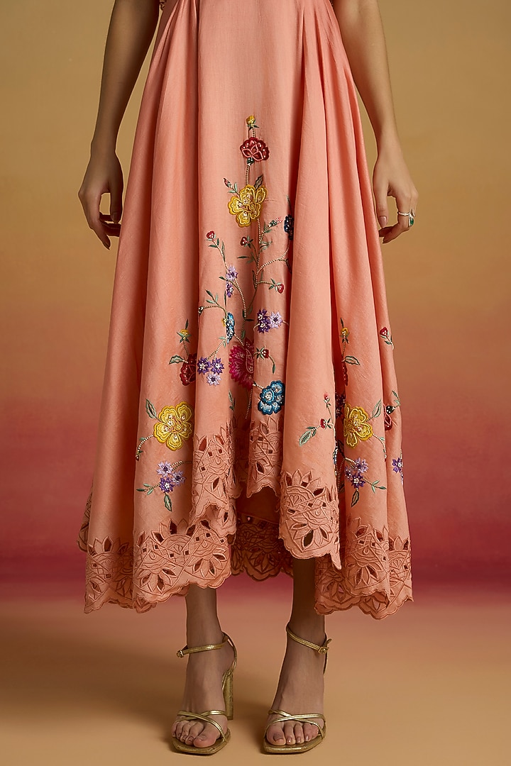 Apricot Chanderi Floral Thread Work Cape Party Wear Dress by Chandrima at Pernia's Pop Up Shop