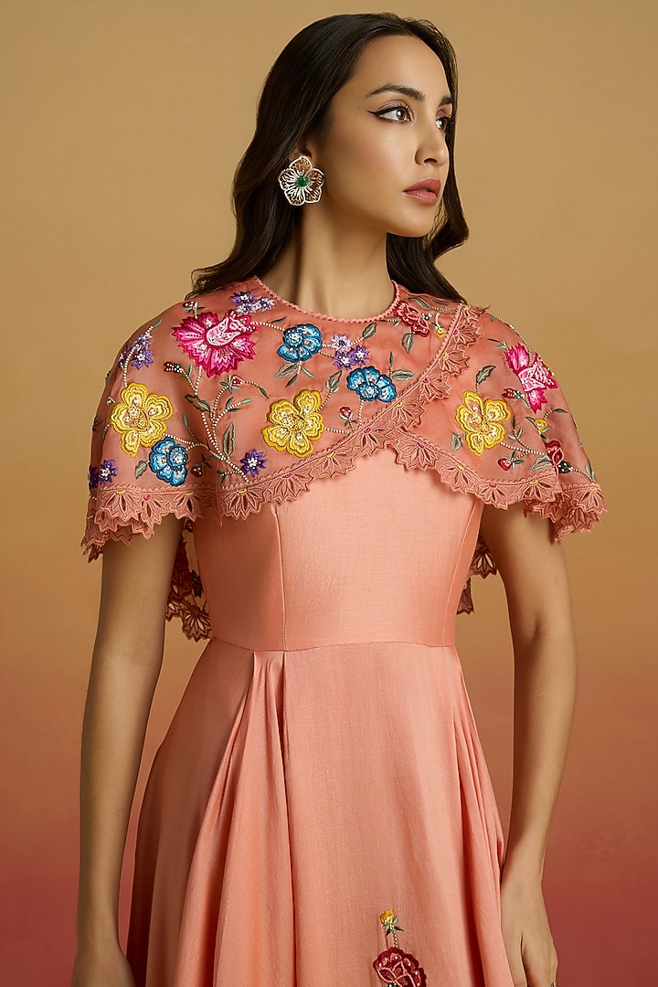 Apricot Chanderi Floral Thread Work Cape Party Wear Dress by Chandrima at Pernia's Pop Up Shop