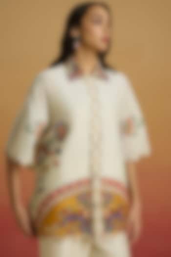 Ivory Chanderi Applique Work Kaftan Shirt by Chandrima at Pernia's Pop Up Shop