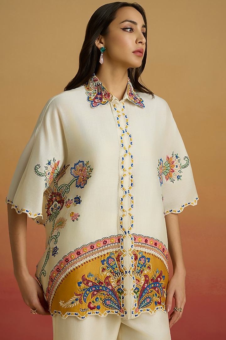 Ivory Chanderi Applique Work Kaftan Shirt by Chandrima at Pernia's Pop Up Shop