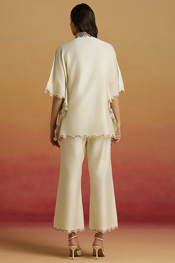 Ivory Chanderi Applique Work Kaftan Shirt by Chandrima at Pernia's Pop Up Shop