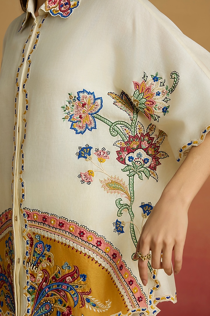 Ivory Chanderi Applique Work Kaftan Shirt by Chandrima at Pernia's Pop Up Shop