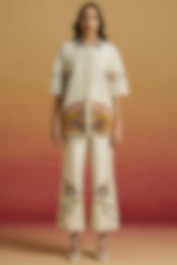 Ivory Chanderi Applique Work Straight Pants by Chandrima at Pernia's Pop Up Shop