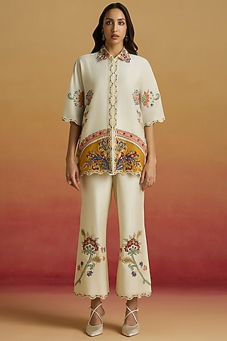 Ivory Chanderi Applique Work Straight Pants by Chandrima