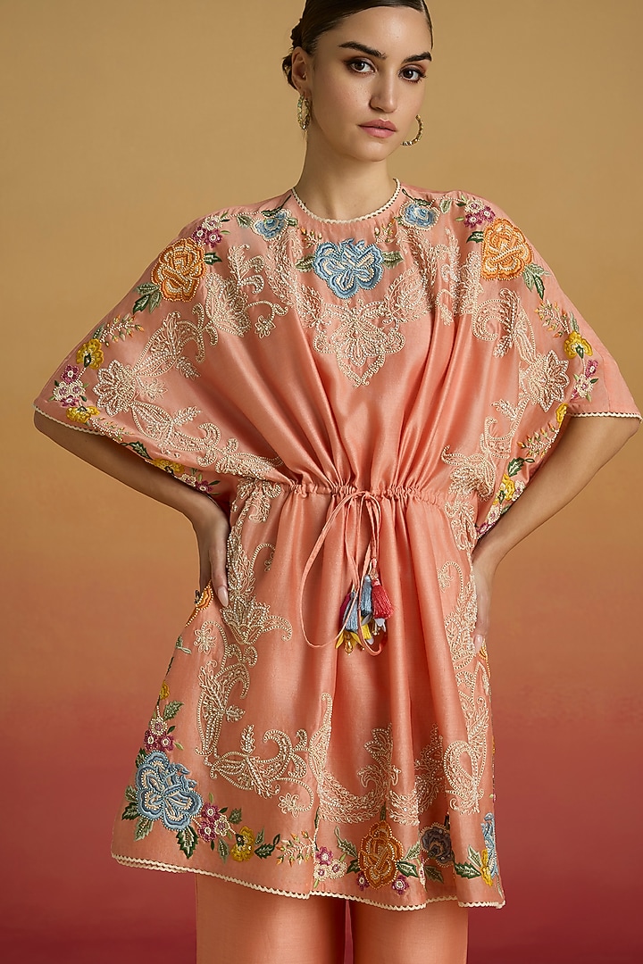 Apricot Chanderi Floral Embroidered Kaftan by Chandrima at Pernia's Pop Up Shop