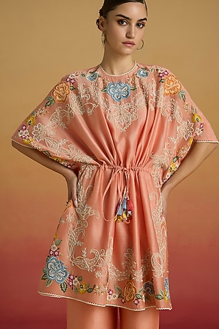 Apricot Chanderi Floral Embroidered Kaftan by Chandrima