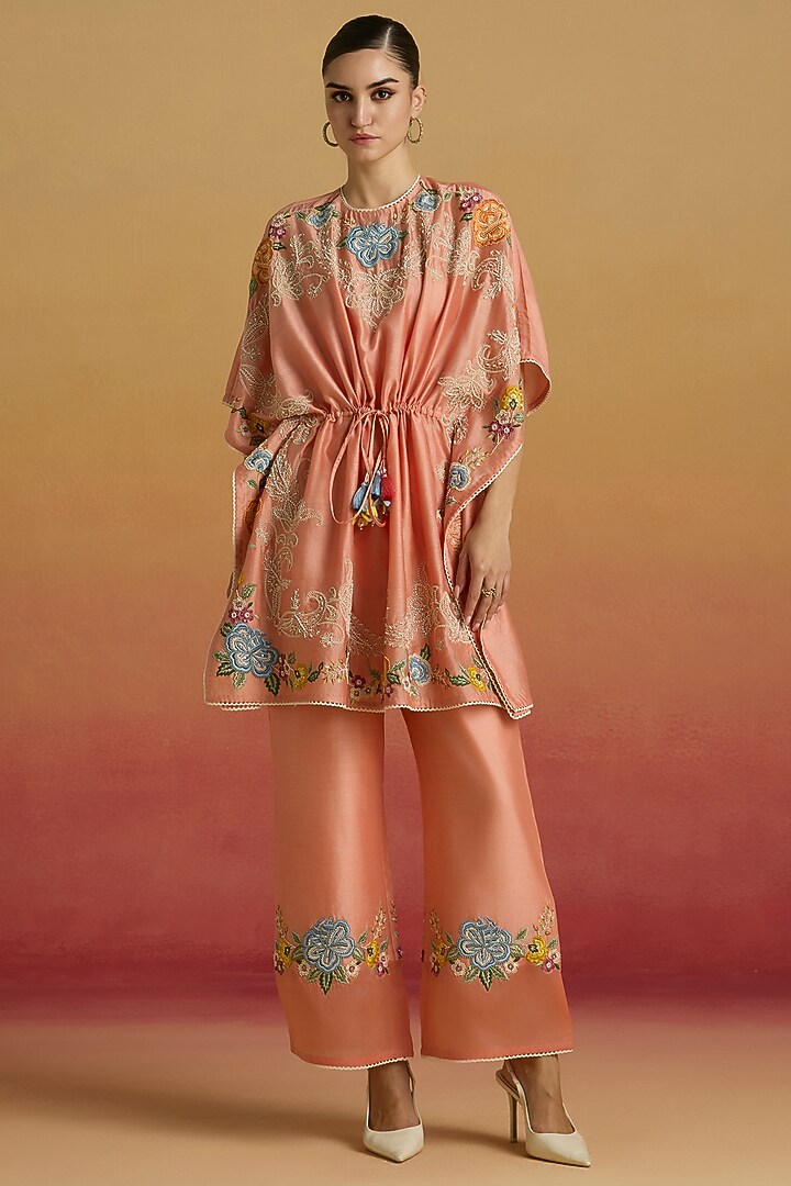 Apricot Chanderi Floral Embroidered Kaftan by Chandrima at Pernia's Pop Up Shop