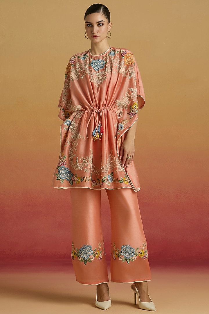 Apricot Chanderi Floral Embroidered Pants by Chandrima at Pernia's Pop Up Shop