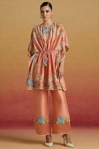 Apricot Chanderi Floral Embroidered Pants by Chandrima