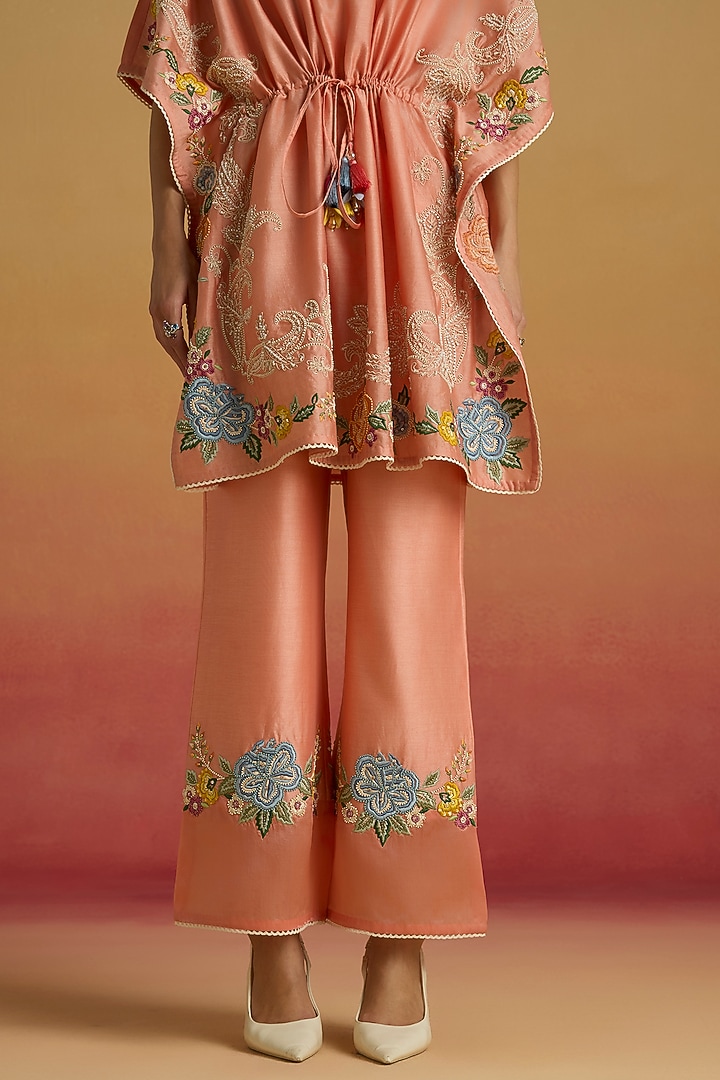 Apricot Chanderi Floral Embroidered Pants by Chandrima at Pernia's Pop Up Shop