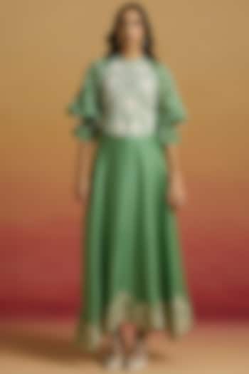 Sage Green Silk Organza Cutwork Flounce Party Wear Dress by Chandrima at Pernia's Pop Up Shop