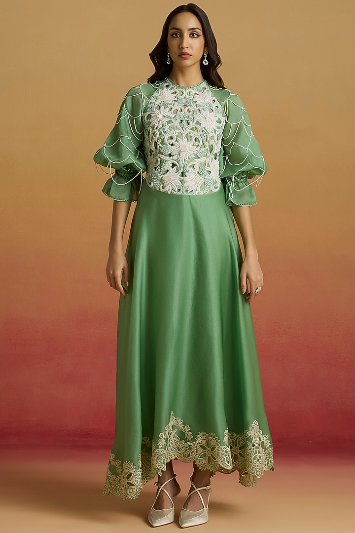 Sage Green Silk Organza Cutwork Flounce Party Wear Dress by Chandrima at Pernia's Pop Up Shop