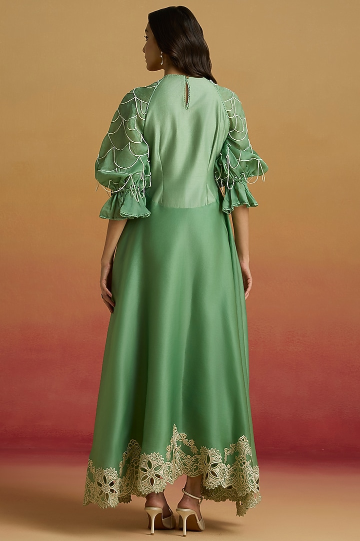 Sage Green Silk Organza Cutwork Flounce Party Wear Dress by Chandrima at Pernia's Pop Up Shop