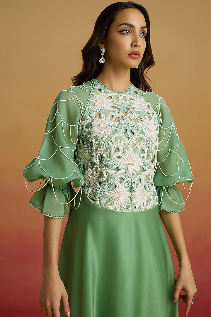 Sage Green Silk Organza Cutwork Flounce Party Wear Dress by Chandrima at Pernia's Pop Up Shop