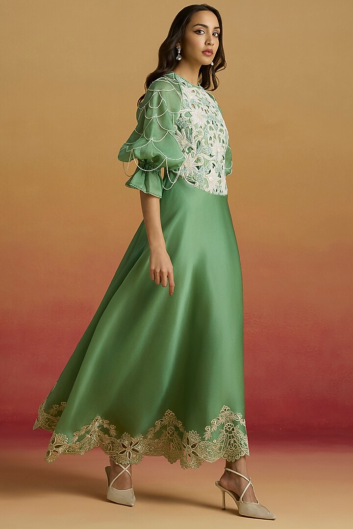 Sage Green Silk Organza Cutwork Flounce Party Wear Dress by Chandrima at Pernia's Pop Up Shop