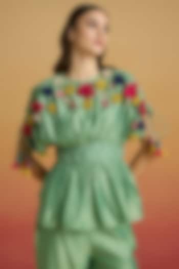 Sage Green Chanderi 3D Floral Applique Top by Chandrima at Pernia's Pop Up Shop