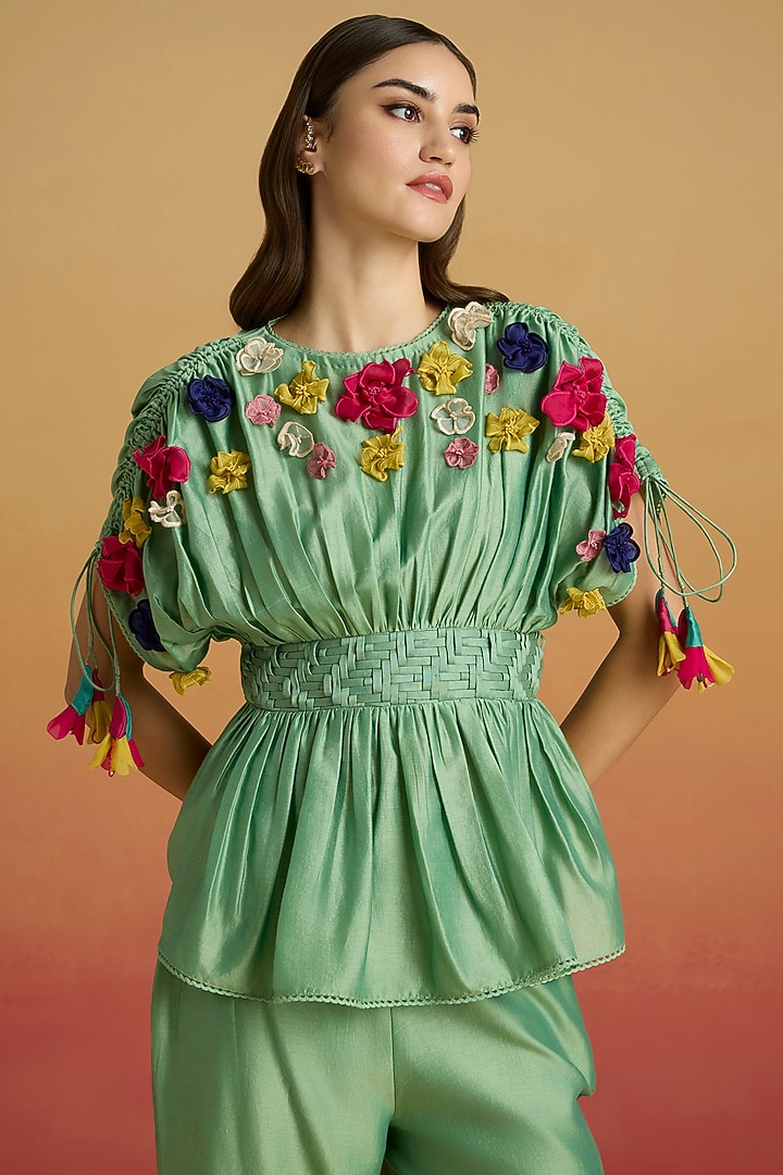 Sage Green Chanderi 3D Floral Applique Top by Chandrima at Pernia's Pop Up Shop