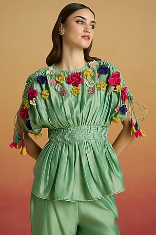 Sage Green Chanderi 3D Floral Applique Top by Chandrima