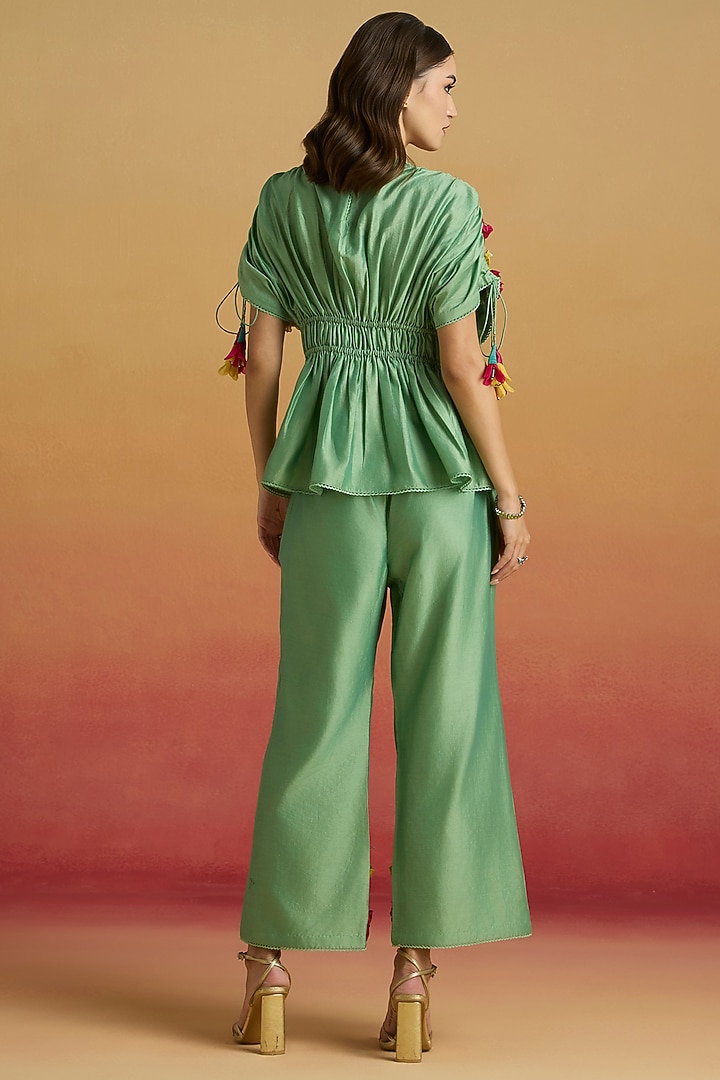 Sage Green Chanderi 3D Floral Applique Top by Chandrima at Pernia's Pop Up Shop