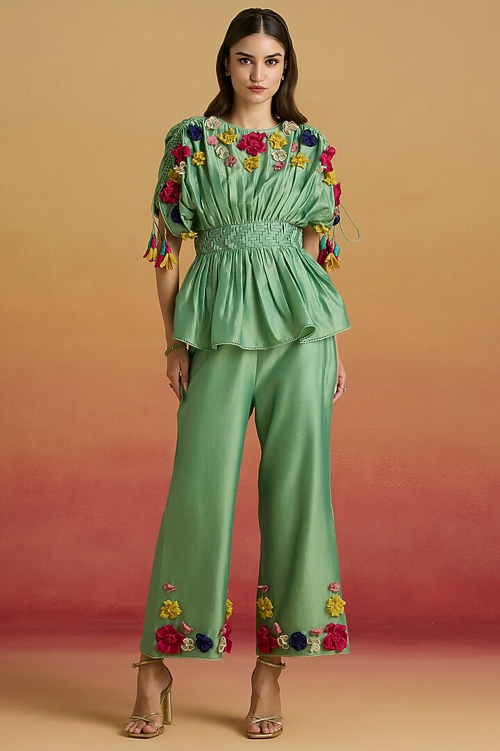 Sage Green Chanderi 3D Floral Applique Top by Chandrima at Pernia's Pop Up Shop
