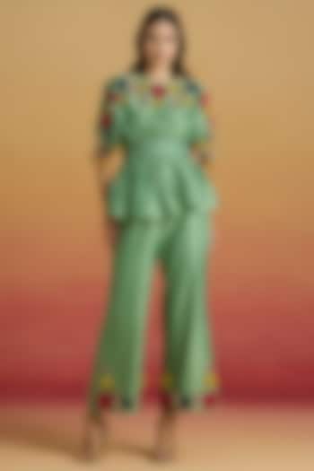 Sage Green Chanderi 3D Floral Applique Work Straight Pants by Chandrima at Pernia's Pop Up Shop