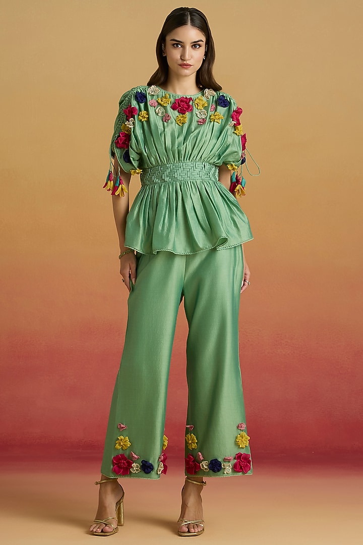 Sage Green Chanderi 3D Floral Applique Work Straight Pants by Chandrima at Pernia's Pop Up Shop