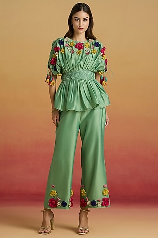 Sage Green Chanderi 3D Floral Applique Work Straight Pants by Chandrima