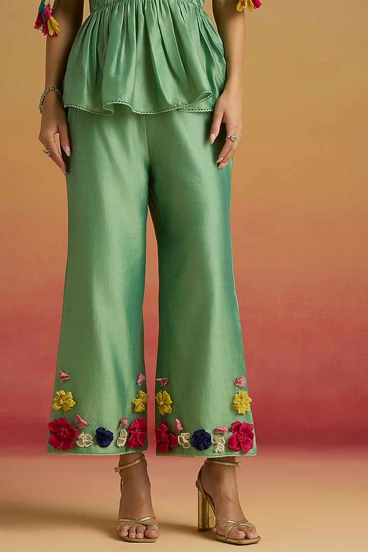 Sage Green Chanderi 3D Floral Applique Work Straight Pants by Chandrima at Pernia's Pop Up Shop
