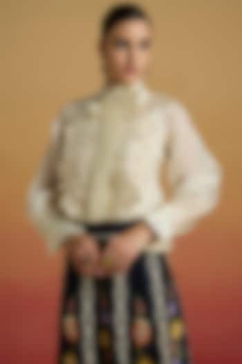 Ivory Silk Organza Cutwork Bib Layered Shirt by Chandrima at Pernia's Pop Up Shop