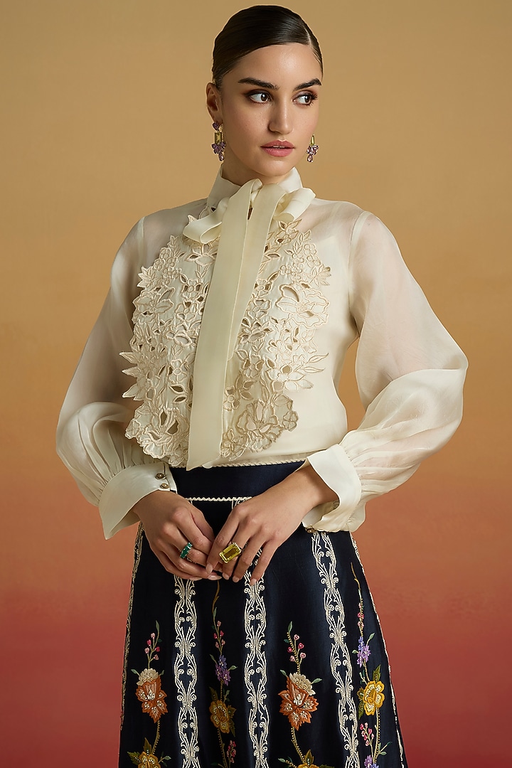 Ivory Silk Organza Cutwork Bib Layered Shirt by Chandrima at Pernia's Pop Up Shop