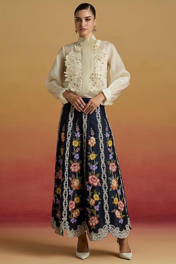 Ivory Silk Organza Cutwork Bib Layered Shirt by Chandrima at Pernia's Pop Up Shop