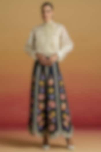 Indigo Chanderi Floral Thread Work Panelled Skirt by Chandrima at Pernia's Pop Up Shop
