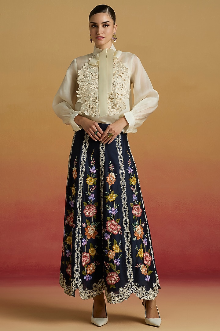 Indigo Chanderi Floral Thread Work Panelled Skirt by Chandrima at Pernia's Pop Up Shop