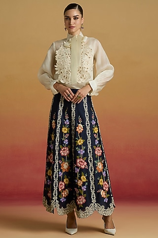 Indigo Chanderi Floral Thread Work Panelled Skirt by Chandrima