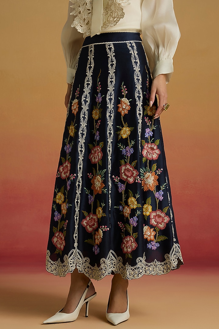 Indigo Chanderi Floral Thread Work Panelled Skirt by Chandrima at Pernia's Pop Up Shop