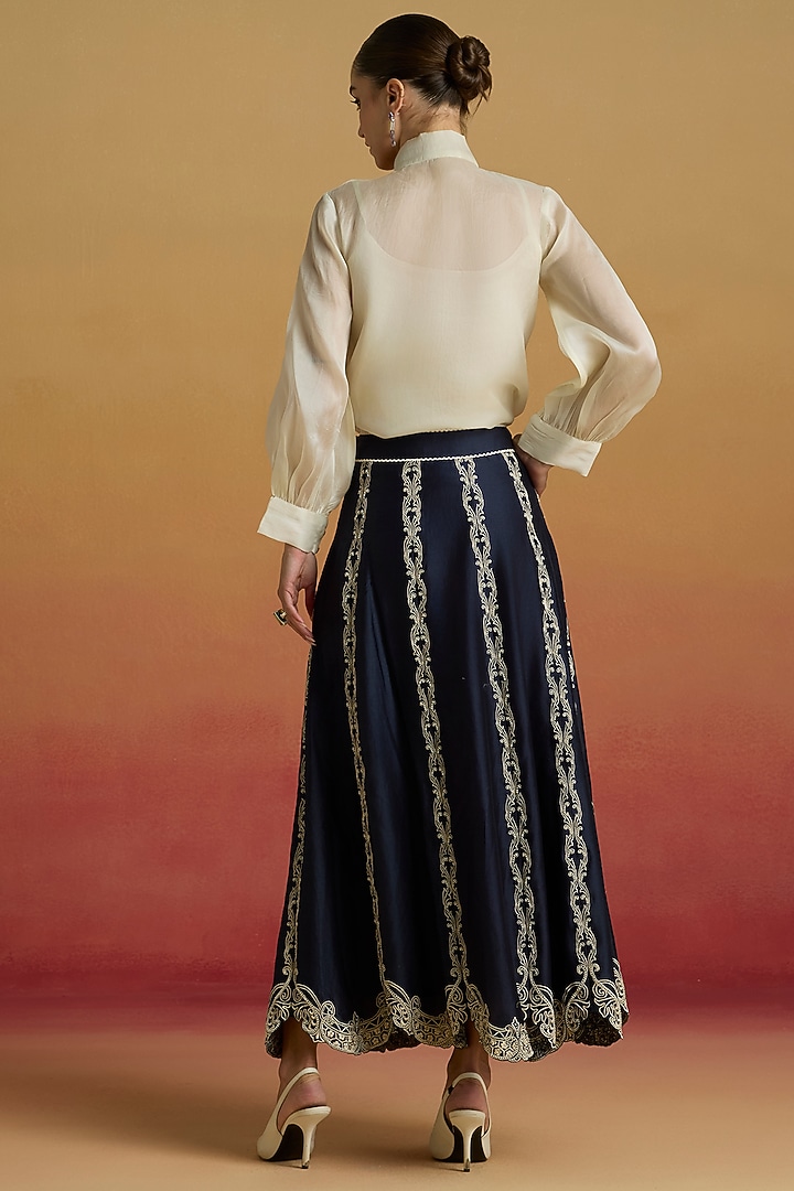 Indigo Chanderi Floral Thread Work Panelled Skirt by Chandrima at Pernia's Pop Up Shop